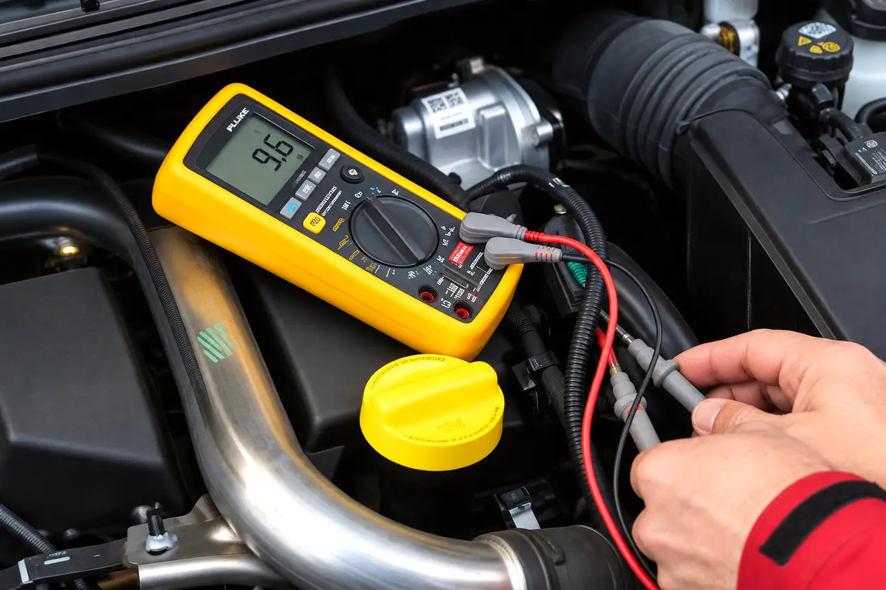 Multimeter in een motorruimte, aangesloten met rode en zwarte meetsnoeren